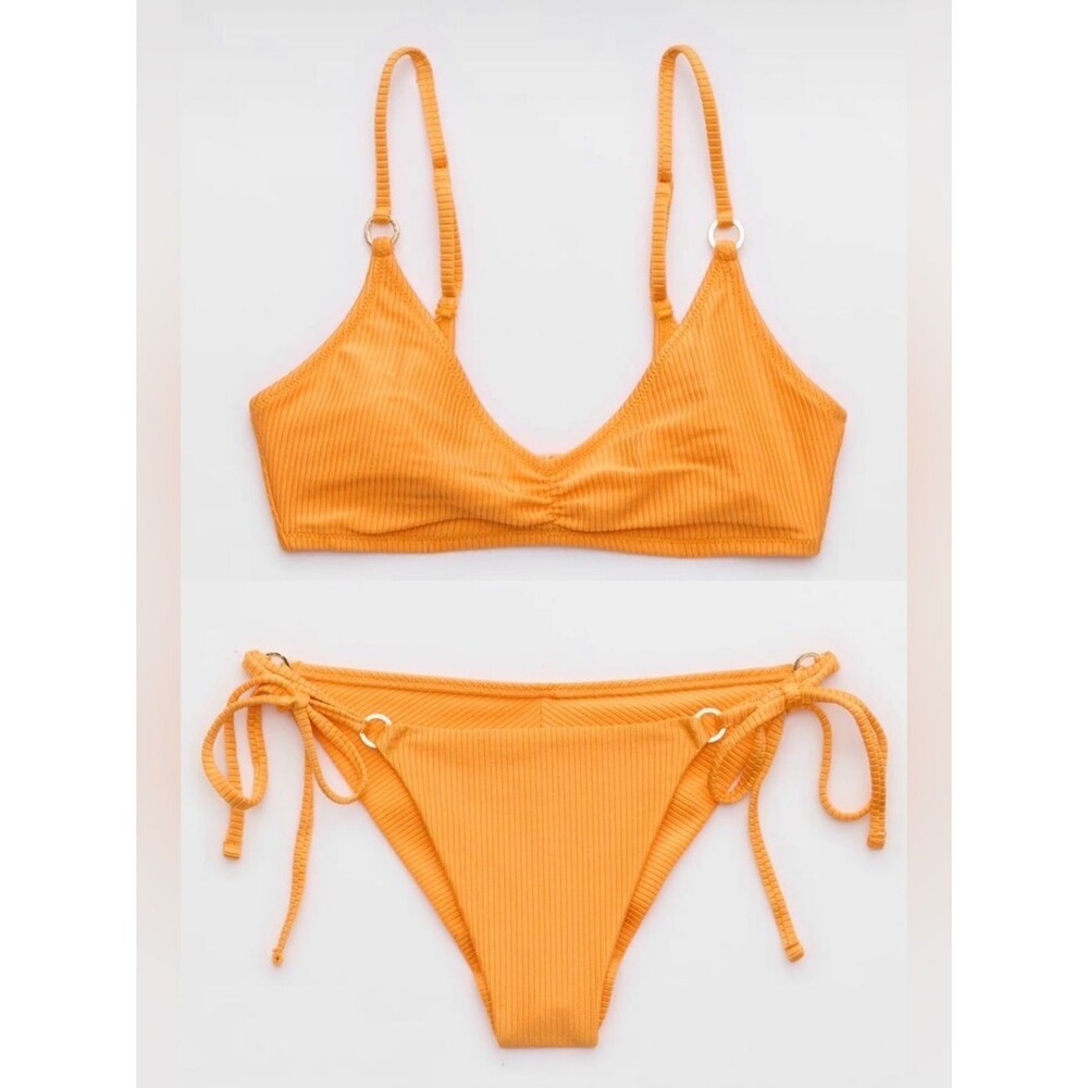NWT Aerie FULL SET Beach Babe Shine Rib Voop Top + Tie Bottoms Orange - Size L